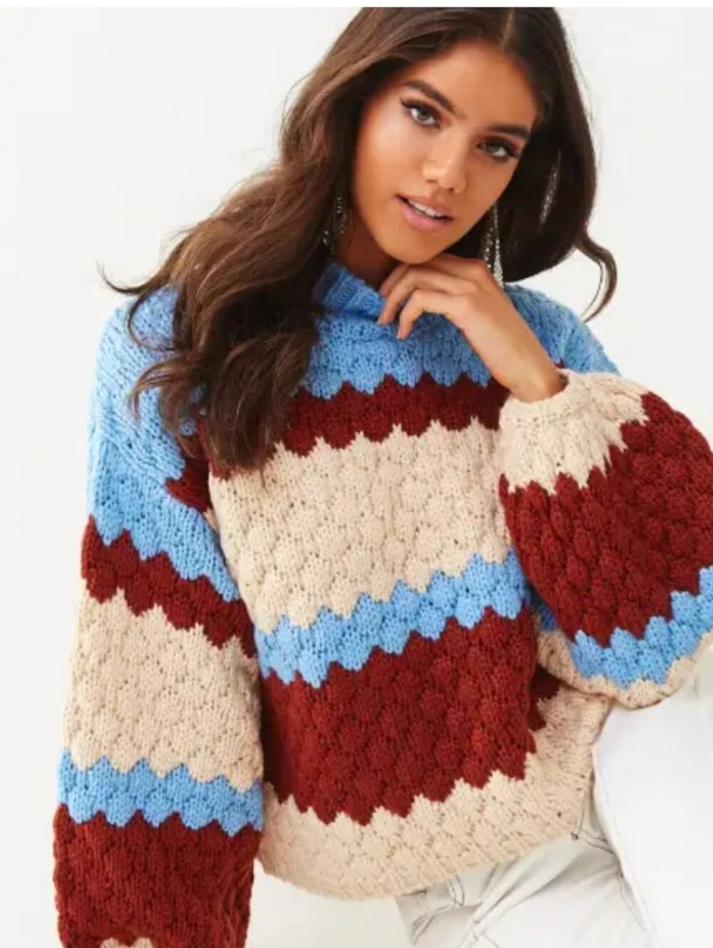 Forever 21 Women’s Medium Chunky Knit Striped Sweater Blue Brown Cream